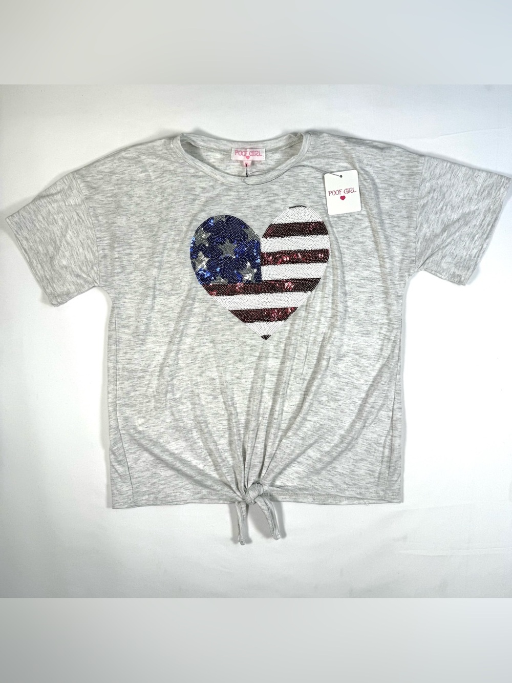 NWT POOF GIRL Patriotic Sequin Heart Tie Front Top XL Americana USA 4th July NEW
